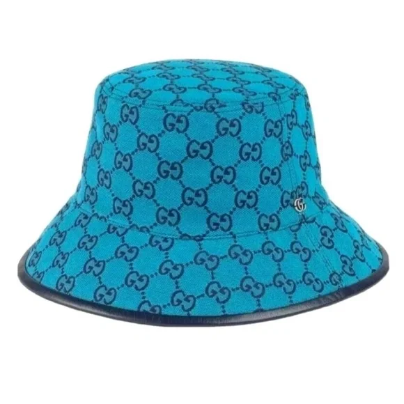 Gorgeous GUCCI Women’s Bucket Hat Size M in elegant Turquoise!!! Gucci Blue Silver Lame Bucket Hat Size M 57cm GG Logo Woven  main image 4